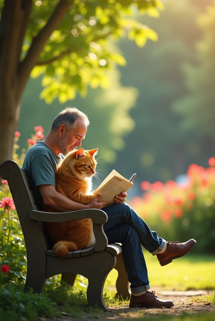 Cat sitting on a park bench reading a newspaper next to a man with a cell phone in his hand
