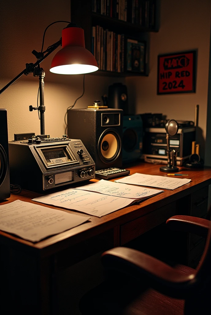 Old tape recorder from the 90s on a desk, of comes in the casetera a casete, On the desk there are also loose sheets with pencil and writings, the room is dark, It has vinyl records and two sound monitors, There is also a small console for mixing sound and a microphone., somewhere say Mad Red 2024, hip hop