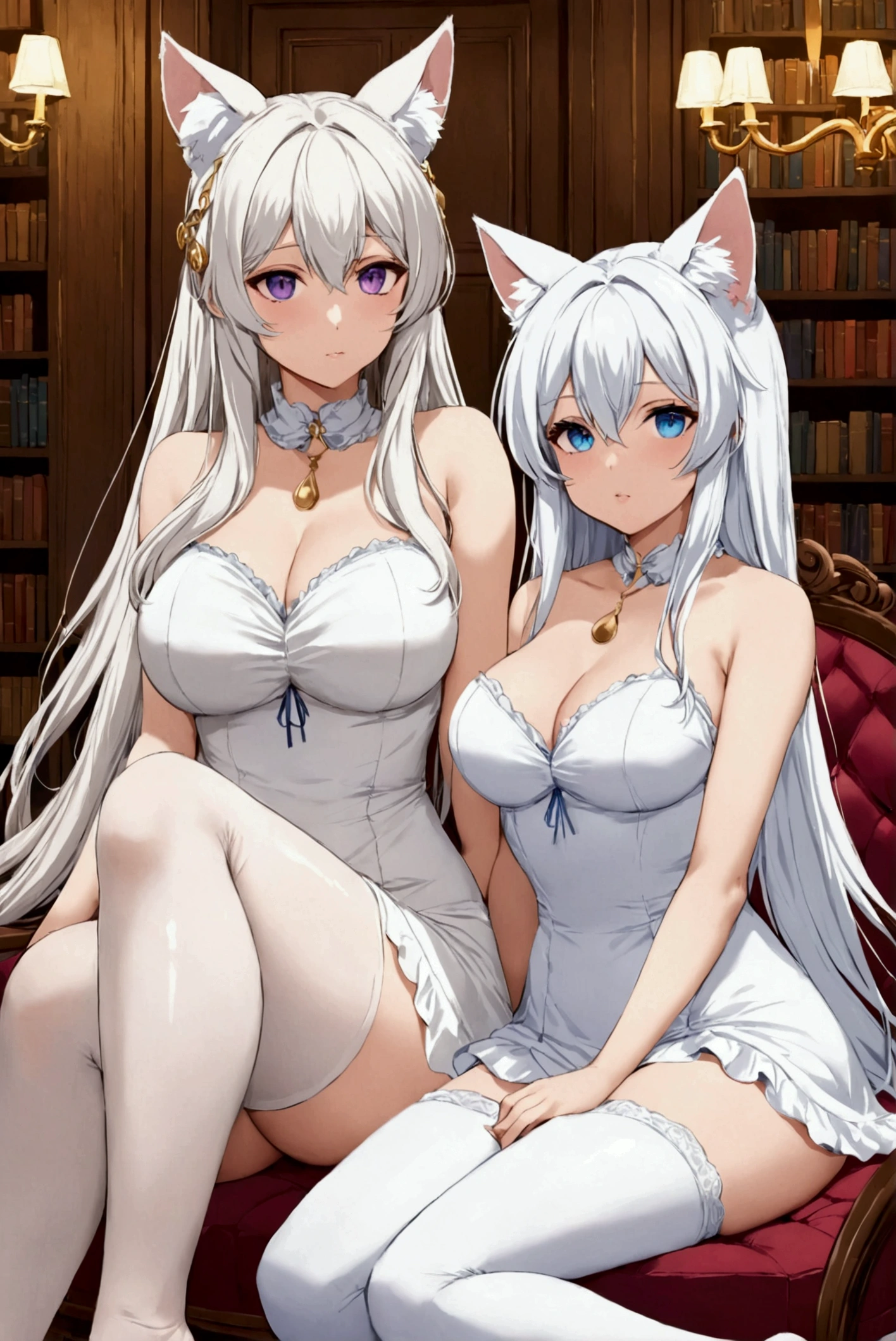 ((best quality)), ((masterpiece)), (detailed), ((highres)), In lavish manor library,  extremely long white hair. Fluffy white cat ears (on head). Long white cat tail, 2catgirls, 20 year old, curvy body. Heterochromatic eyes, one blue eye, one purple eye, No shoes, white leggings, anime, short, provocative, white lewd dress, sitting, frontal shot, opposite colors
