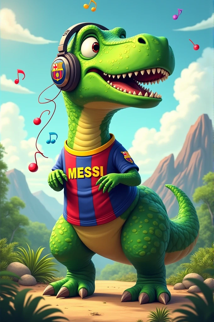 A dinosaur wearing Messi's shirt listening to music and saying an educational paragraph