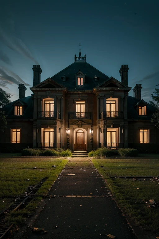 make an abandoned mansion at night from an outside perspective