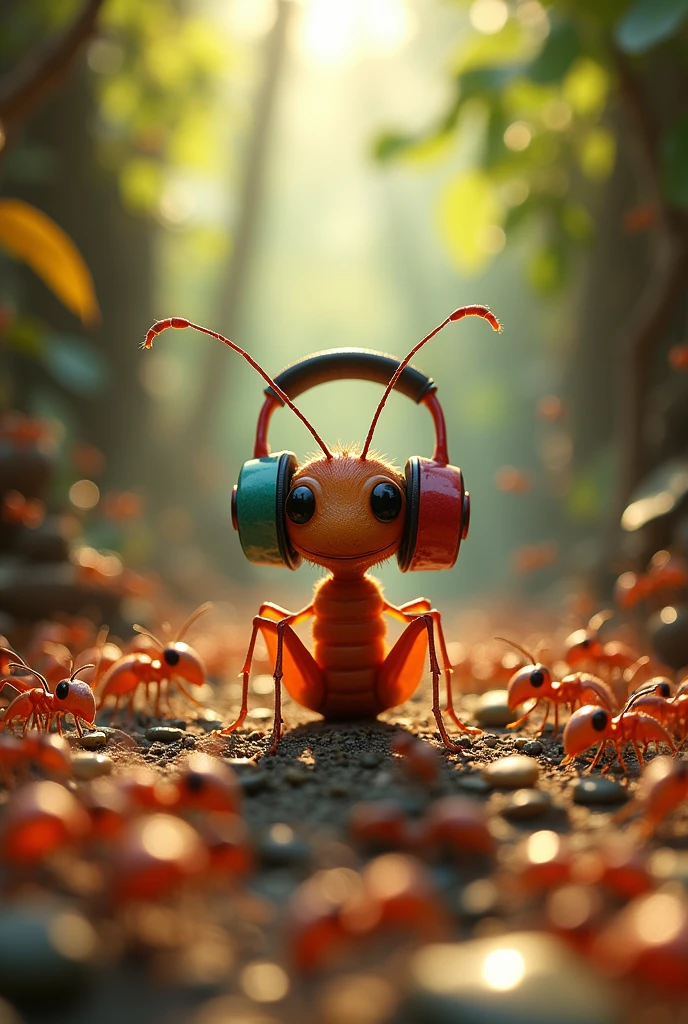 Ant wearing headphone in room with many ants.