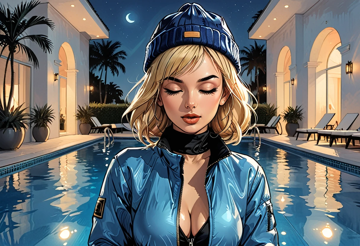 closed eyes, ((open mouth)), (fullbody), night,palm, close-up portrait ((girl in Blue zipped up down winter jacket and black turtleneck )) and (jeans) and blue gloves and (((blue winter hat)))) in a lotus pose next to the pool at the white hotel with open mouth, white hotel, pool,  adult, [Nordic], Hourglass elongated fitness body, perfect Olive skin, Oval Face, Long neck, Rounded shoulders, perfect hand, Attached Pointed ears, round forehead, (Short blonde Waves pixie hair), snub nose, Arched eyebrows, ((closed Eyes)), High Round Narrow cheekbones, Dimpled Cheeks, Rounded Chin, Rounded Jawline, Full nude Lips, (closed eyes), Nude Makeup Look, long eyelashes,  graphic style of novel comics, perfect hands, 2d, 8k, hyperrealism, masterpiece, high resolution, best quality, ultra-detailed, super realistic, Hyperrealistic art, high-quality, ultra high res, highest detailed, lot of details, Extremely high-resolution details, incredibly lifelike, colourful, soft cinematic light,