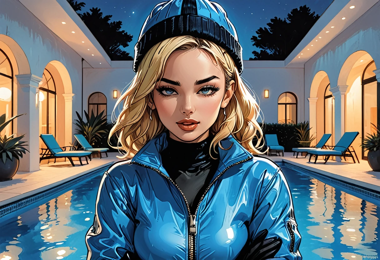 closed eyes, ((open mouth)), (fullbody), night,palm, close-up portrait ((girl in Blue zipped up down winter jacket and black turtleneck )) and (jeans) and blue gloves and (((blue winter hat)))) in a lotus pose next to the pool at the white hotel with open mouth, white hotel, pool,  adult, [Nordic], Hourglass elongated fitness body, perfect Olive skin, Oval Face, Long neck, Rounded shoulders, perfect hand, Attached Pointed ears, round forehead, (Short blonde Waves pixie hair), snub nose, Arched eyebrows, ((closed Eyes)), High Round Narrow cheekbones, Dimpled Cheeks, Rounded Chin, Rounded Jawline, Full nude Lips, (closed eyes), Nude Makeup Look, long eyelashes,  graphic style of novel comics, perfect hands, 2d, 8k, hyperrealism, masterpiece, high resolution, best quality, ultra-detailed, super realistic, Hyperrealistic art, high-quality, ultra high res, highest detailed, lot of details, Extremely high-resolution details, incredibly lifelike, colourful, soft cinematic light,