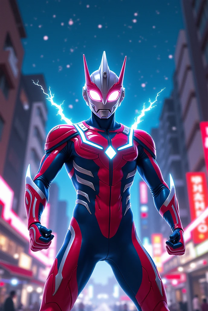 An image of Ultraman in a fighting pose in Bangkok. His costume is based on the Red Bull energy drink.