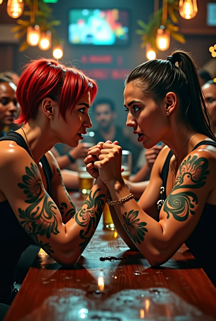 Two women arm wrestling with angry face expression muscles should be seen clearly