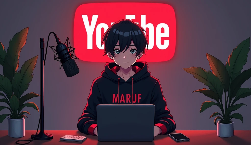 A 18 years anime boy , sitting in front of a computer desk with a microphone and laptop, wearing black and red hoodie with the Channel Name on it "MARUF", The background includes a large YouTube logo on the wall, potted plants on either side, and various recording equipment.