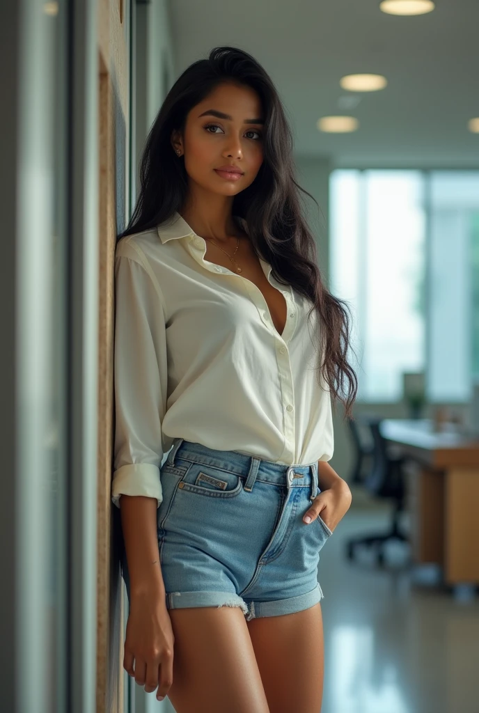 (photorealism:1.2), "Masterpiece, highest quality, hyper-realistic portrait of an Indian girl bright white face. The girl is wearing a shirt and shorts jeans, large-sized breasts. . She is standing in office. Leaning against a door frame. (8k resolution, exceptional quality)." Close up picture. She is quite light skinned for an Indian and has an hour glass figure.