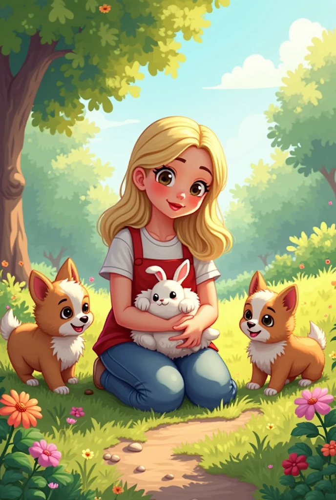 Make a pixel drawing of a blonde woman with brown eyes taking care of several animals 
