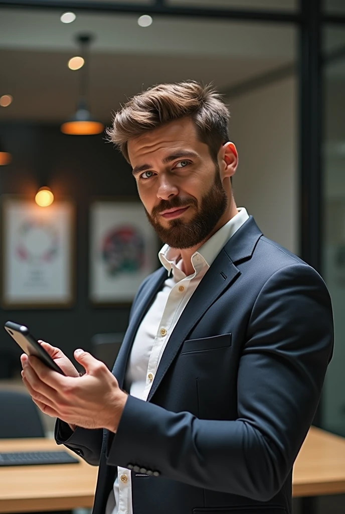 Create a male person, with beard , with dark green eyes , in formal wear for a marketing company, looking forward and smiling with cell phone in hand