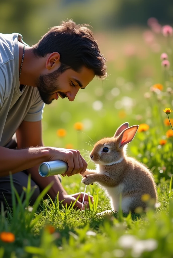Ali is carefully cleaning the rabbit's wound with water from his bottle. The rabbit is lying still, looking a bit more relaxed as Ali tends to it.
