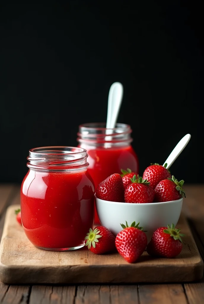 CAN YOU GENERATE AN INFOGRAPHIC FOR ME? , WHERE THERE IS A BLACK BACKGROUND AND A WOODEN TABLE , AND ON THAT TABLE HAVE TWO JARS OF STRAWBERRY JAM , AND A HALF FULL PHRASE WITH A WHITE SPOON INSIDE , AND BEHIND THE JARS, HALF OUT OF BLOC, A BOWL WITH STRAWBERRIES