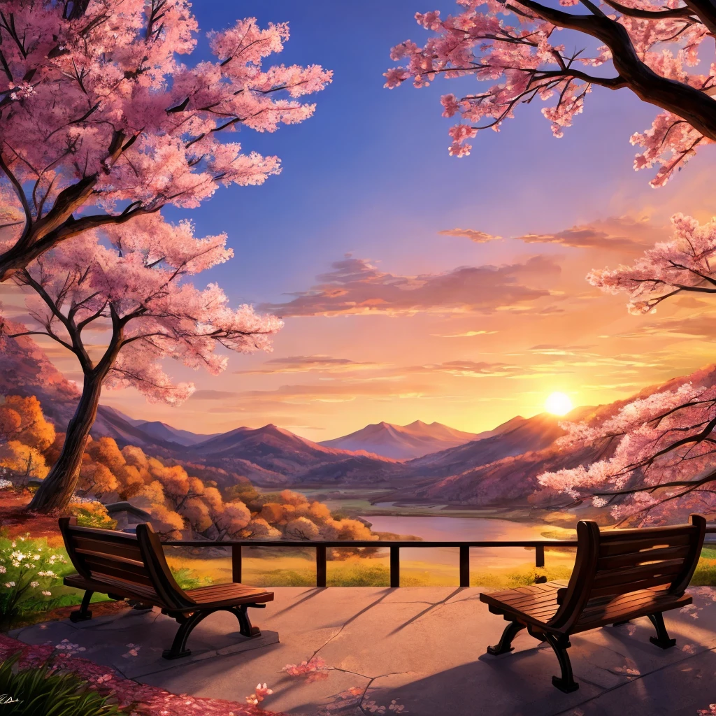 Sunset background with a Sakura tree in a valley And a bench that is positioned to watch the sunset 