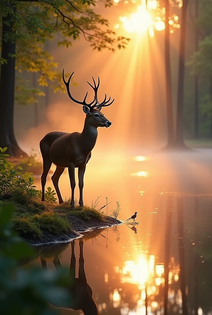 A deer in a forest with a lake in the background at sunrise 