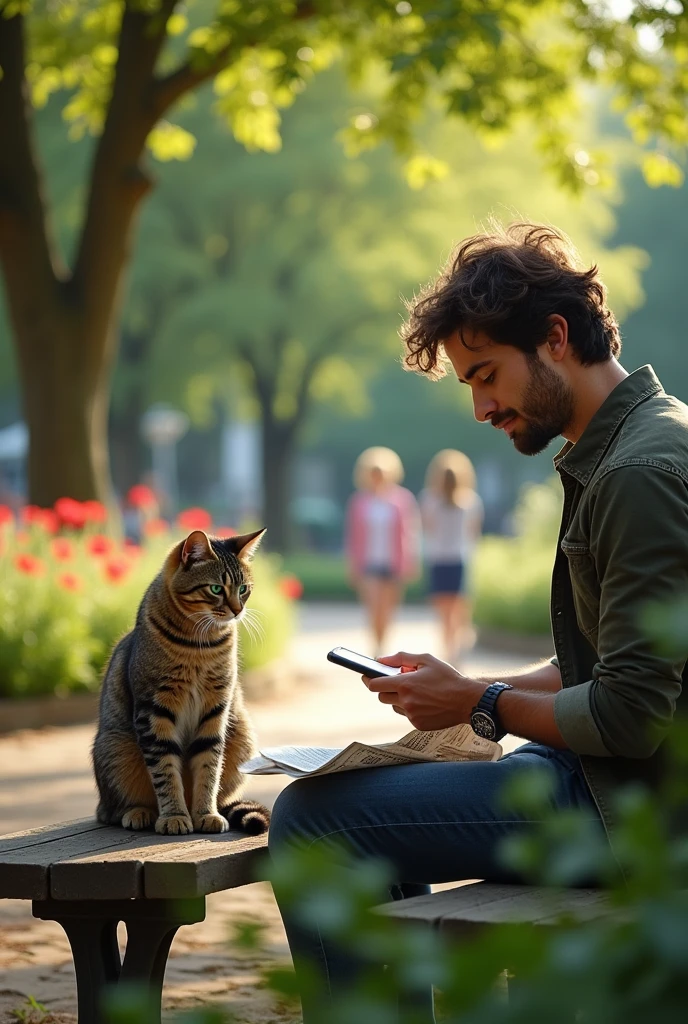 Cat sitting on a park bench reading a newspaper next to a man with a cell phone in his hand