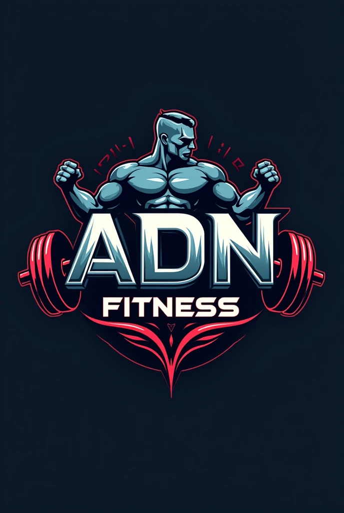 A logo for a gym that says: "ADN Fitness" and in lowercase say "musculacion". In addition to having muscles and weights