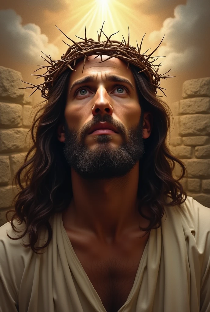 I need you to create for me an image of Christ in a frontal posture with the crown of thorns