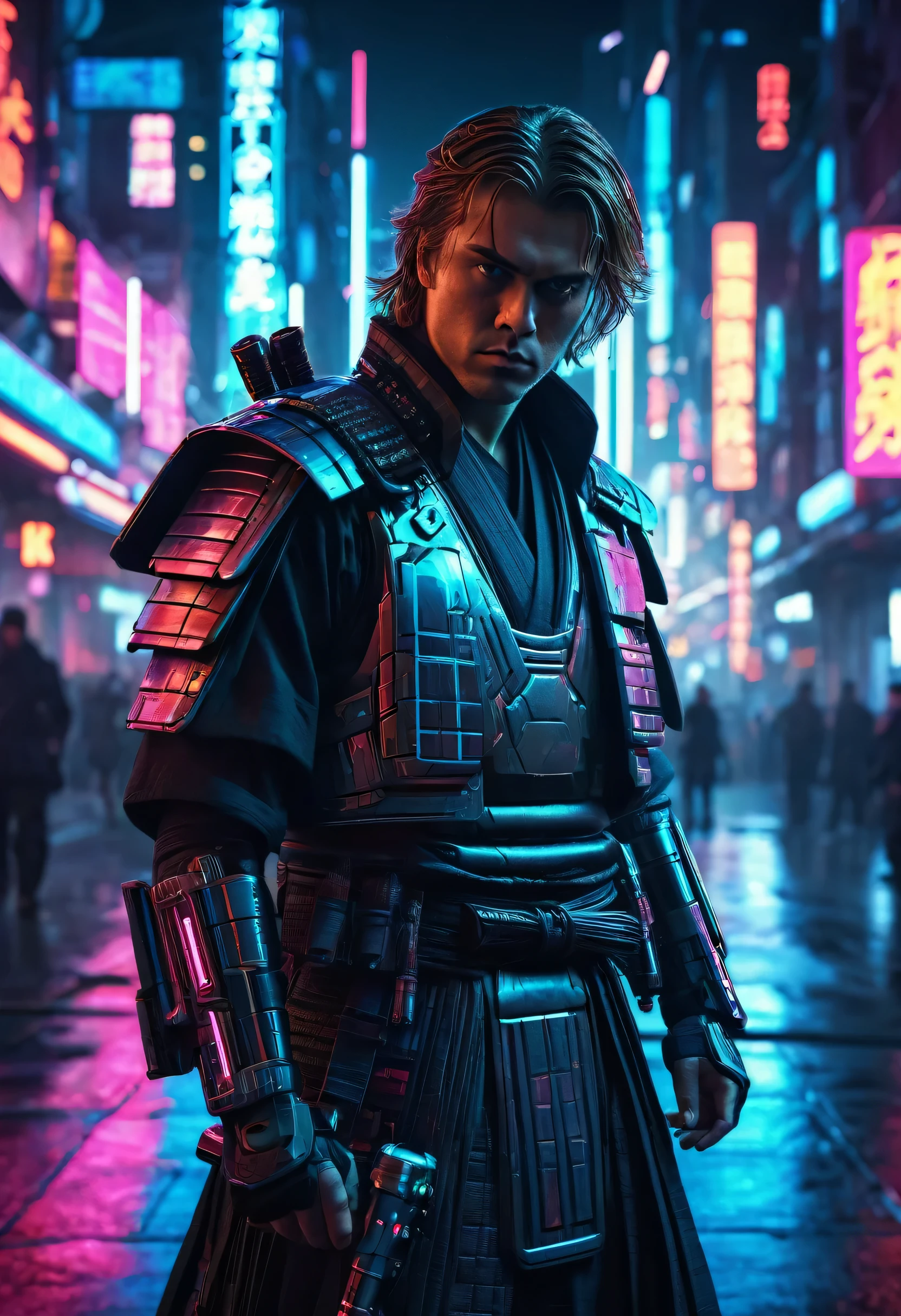 Anakin Skywalker as cyberpunk samurai, cyberpunk style, mechanical cyborg body, samurai armor, glowing lightsaber, neon cyberpunk city background, dramatic lighting, moody color palette, ultra-detailed, cinematic composition, highly detailed intricate details, masterpiece, (best quality,4k,8k,highres,masterpiece:1.2),ultra-detailed,(realistic,photorealistic,photo-realistic:1.37)