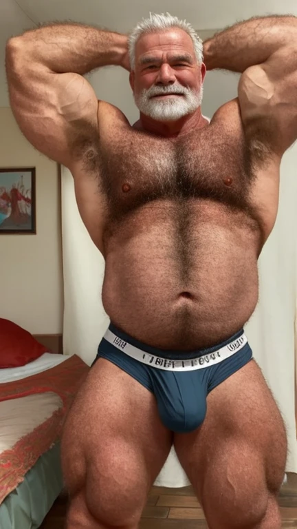 An older Japanese male bodybuilder with his upper body naked is standing with his arms down、bedに横になっている。
Elderly male bodybuilder with arms down。
Big muscles。Big body。Big Belly。thick limbs。
bedに横になっている姿。Eyes are open。
極端に短いGray-hairedの顎髭。
極端に短いGray-hairedの髪。
Japanese male bodybuilder wears only jockstrap。素敵なbulge。
The crotch of the jockstrap is very round and bulging.。
Sunburned skin。Hairy skin。
男性はThe whole body is hairy。Full body covered in hair。Gray-hairedの胸毛。Gray-hairedの腹毛。Gray-hairedの下腹部の毛。Armpit hair。Arm hair。Leg hair。Thigh hair。shin hair。
A symmetrical Japanese face。Japanese small and round faces。The gentle face of the Japanese。Gentle face of Japan man。The gentle expression of a Japanese person。single eyelid。Kind eyes。Small eyes。Round Nose。Big Nose。Small Mouth。Small lips。
bed。Full body portrait。Gray-haired。The whole body is hairy。jockstrap。bulge。looking at the camera。
Maximum number of pixels。Highest quality。ピントがきちんと合ったHighest qualityの写真画質。