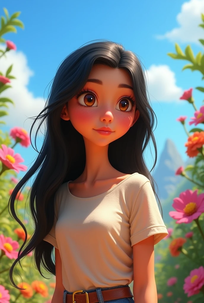 create a 25-year-old female character in the Pixar Disney style, fair skin, honey-colored eyes, Messy long straight black hair , and beautiful. Make it in jpg
