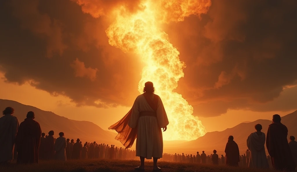 
"Create a realistic and impressive image that portrays the dramatic moment in the biblical passage when the prophet Elijah calls down fire from heaven. The scene should show a dramatic, stormy sky, with dark clouds and lightning illuminating the atmosphere. At the center, Elijah must be standing, dressed in traditional clothing of the time, with an expression of determination and faith. In front of you, intense and bright flames must descend from the sky, illuminating the scene with an unearthly light. The background should include mountains and a small crowd of spectators, expressing awe and reverence. The image should evoke a feeling of divine power and the certainty of God&#39;s presence.. Ideal for a YouTube video illustrating the biblical narrative of Elijah."