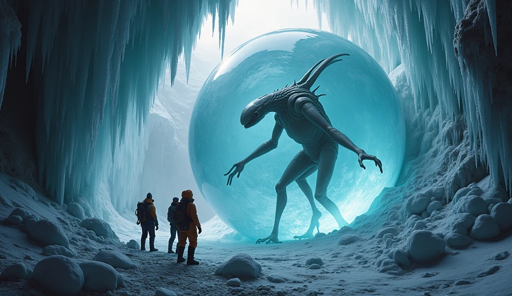a group of people wearing heavy cold clothing, probably explorers or scientists, who are standing in a large ice cave. In the center of the image, there is a huge translucent sphere glowing in shades of blue, inside which there is an alien creature with an imposing and enigmatic appearance. The creature appears to have an elongated body, with a large head and slender limbs. The surrounding ice cave is vast and impressive, with large ice formations hanging from the ceiling and walls. The scene conveys an atmosphere of mystery and discovery in a hostile and alien environment.