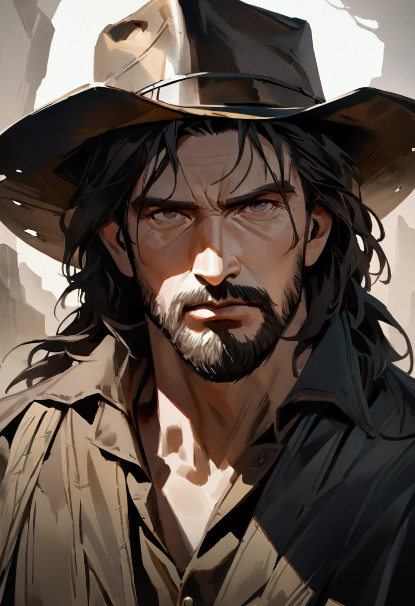 Make a western outlaw with a robust and charismatic appearance who looks like Christian Bale, his posture must be heroic and authoritative. He has dark brown eyes that have seen many battles. He is approximately 35 years old with short, dark hair. He is tall, thin, and lanky. His face shows determination and rugged masculinity. He wears a short beard that adds to his authoritative appearance. He is wearing a cowboy hat and prospector clothes. draw the character from the front. high quality, detailed, expressionistic, moody colors, dramatic shadows and highlights, gritty, artwork, 8K, photorealistic