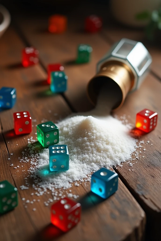 Table with spilled salt an a bunch of 6 sided dice