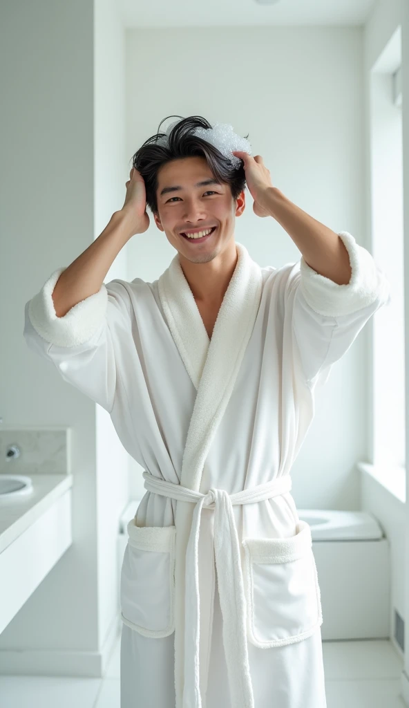 Create a handsome young Asian man,Standing on the ground,Beautiful beautiful big eyes,Regular facial features,Wearing a white satin bathrobe,Scratch your scalp with both hands,Two hands washing hair on top of head,There is a lot of real white foam and water on the hair,Foam wrap head,Real bubbles,Open your eyes,The expression is happy,The characters are realistic and realistic,Pure white high-end bathroom background,Character front position,9:16 frames,Ultra-high-definition picture quality