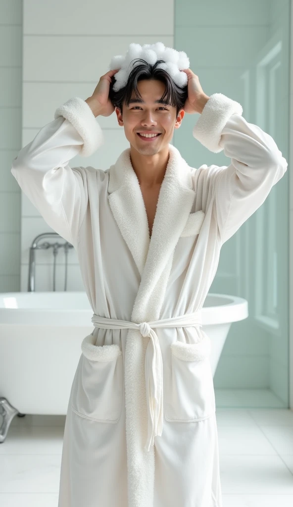 Create a handsome young Asian man,Standing on the ground,Beautiful beautiful big eyes,Regular facial features,Wearing a white satin bathrobe,Scratch your scalp with both hands,Two hands washing hair on top of head,There is a lot of real white foam and water on the hair,Foam wrap head,Real bubbles,Open your eyes,The expression is happy,The characters are realistic and realistic,Pure white high-end bathroom background,Character front position,9:16 frames,Ultra-high-definition picture quality