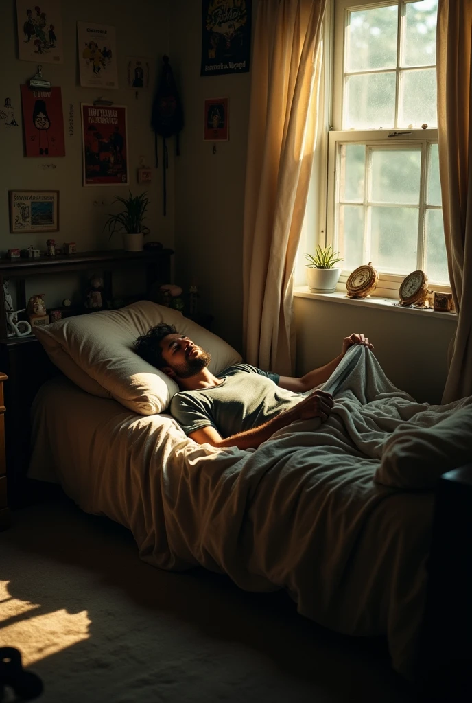 A man in his room lies on his bed takes off his clothes