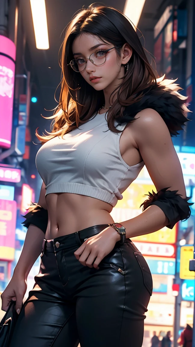 (masterpiece, of the highest quality), A girl, black fur, Glasses, cyberpunk, alone, high waistband, sexy appearance