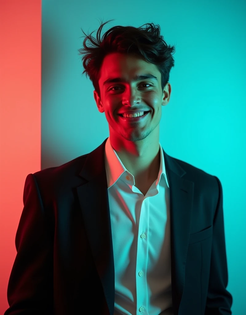 A young man with dark hair and a confident smile. He is dressed in a black blazer over a white shirt. The man is positioned against aqua colour backdrop with a subtle red lighting on the left side. and he posing for Linkedin profile