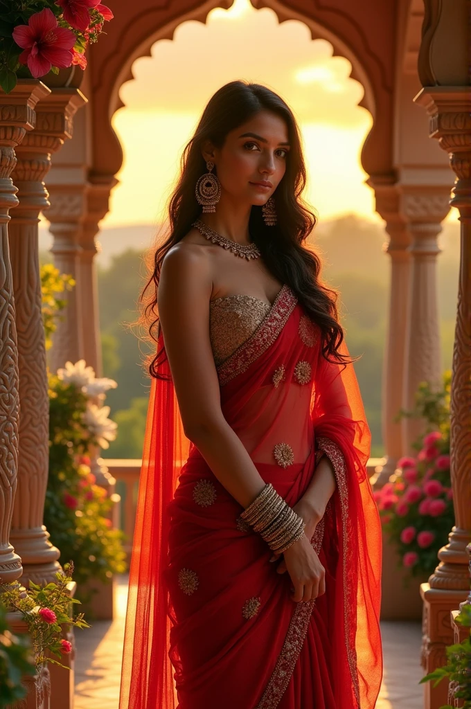 A  Indian princess, wearing a dressed in red see through saree without blouse