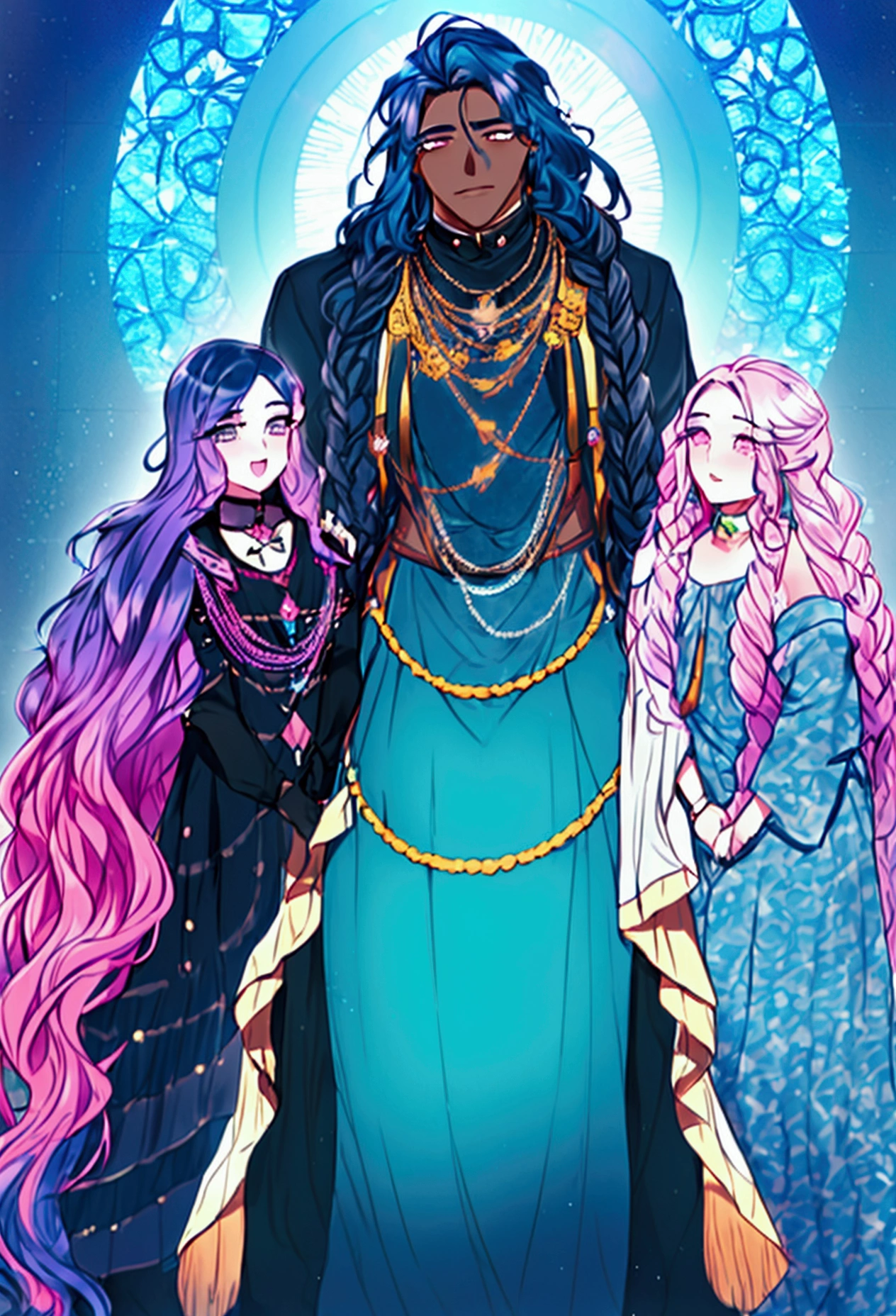 a dark skinned man with long braided hair, a second man with pink and blue hair, a third man with short black hair and a fourth man with dark blue drag queen hair, along with these men is a woman with a chubby hourglass body with long straight black hair 