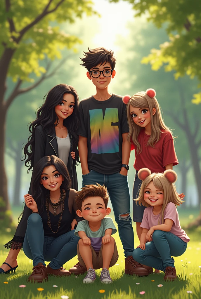 Create a friend group pic with a tall skinny boy, a short cute boy, a gothic girl, a mischievous girl with short hairs, a hamster looking girl the mischievous girl and the tall boy is besties