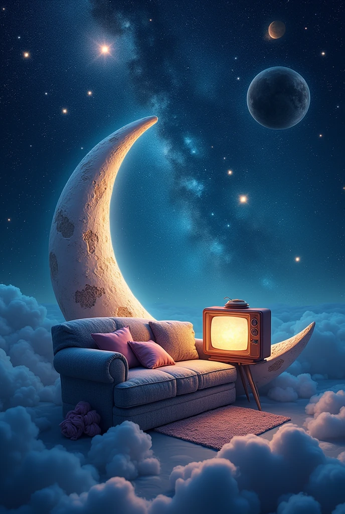 A very beautiful and calm universe with lots of stars and planets, where there is a moon that has a very cozy and comfortable sofa and television, is the focus of the image.