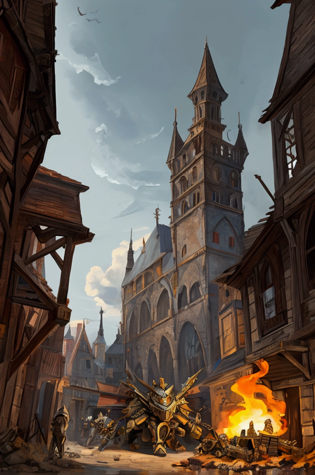 "Create a character in a medieval steampunk setting, using the art style reminiscent of Pokémon. The character is a fierce rival in a turn-based battle game, dressed in a blend of medieval armor with steampunk elements. They wield a weapon that combines traditional and mechanical features, and their expression shows determination and strength. The environment should include a mix of medieval architecture and steampunk machinery, with vibrant, harmonious colors."