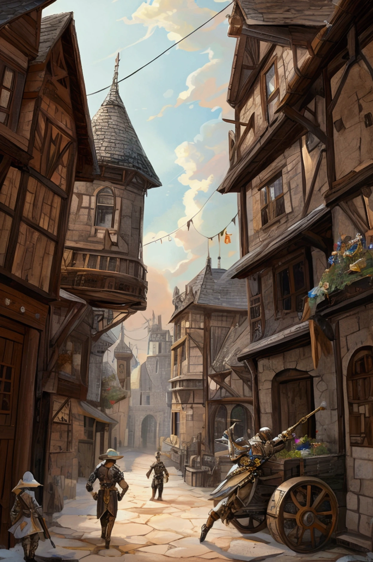 "Create a character in a medieval steampunk setting, using the art style reminiscent of Pokémon. The character is a fierce rival in a turn-based battle game, dressed in a blend of medieval armor with steampunk elements. They wield a weapon that combines traditional and mechanical features, and their expression shows determination and strength. The environment should include a mix of medieval architecture and steampunk machinery, with vibrant, harmonious colors."