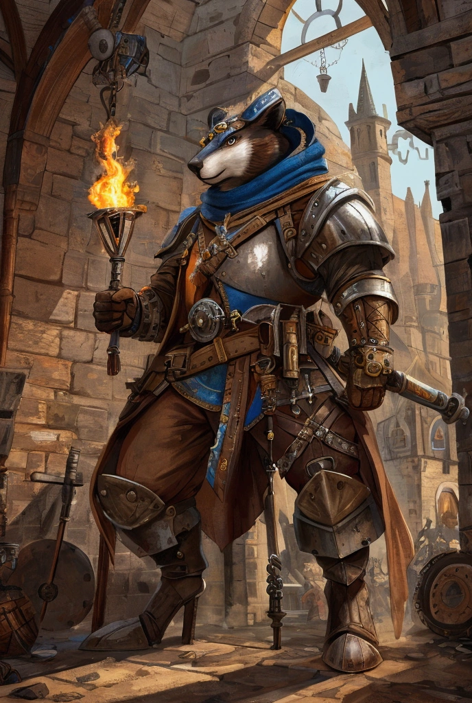 "Create a character in a medieval steampunk setting, using the art style reminiscent of Pokémon. The character is a fierce rival in a turn-based battle game, dressed in a blend of medieval armor with steampunk elements. They wield a weapon that combines traditional and mechanical features, and their expression shows determination and strength. The environment should include a mix of medieval architecture and steampunk machinery, with vibrant, harmonious colors."