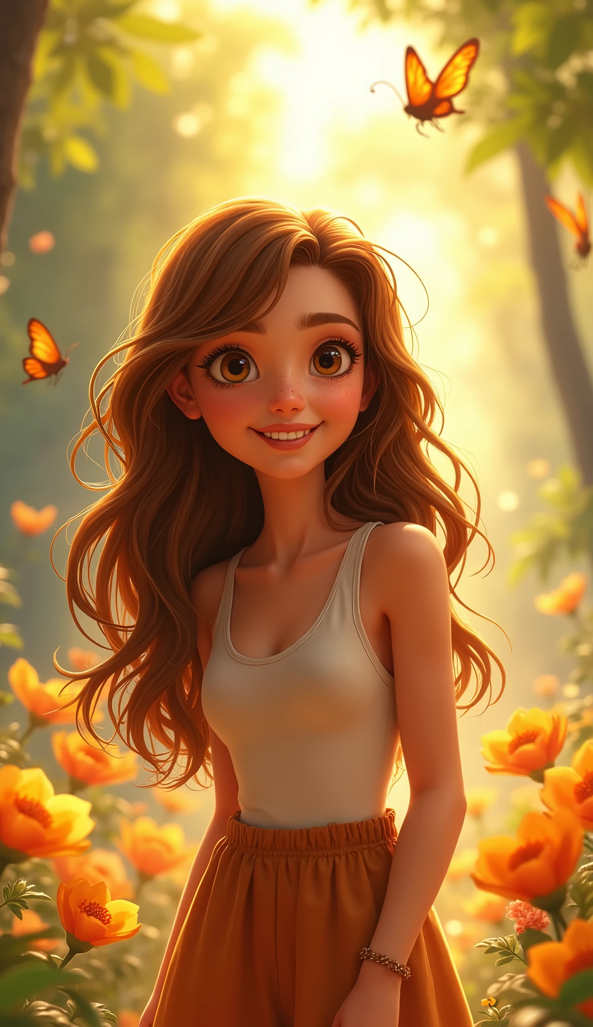 If someone thought of me, They would know that I am a person. create a 25-year-old female character in the Pixar Disney style, fair skin, honey-colored eyes, long straight and messy hair, and beautiful