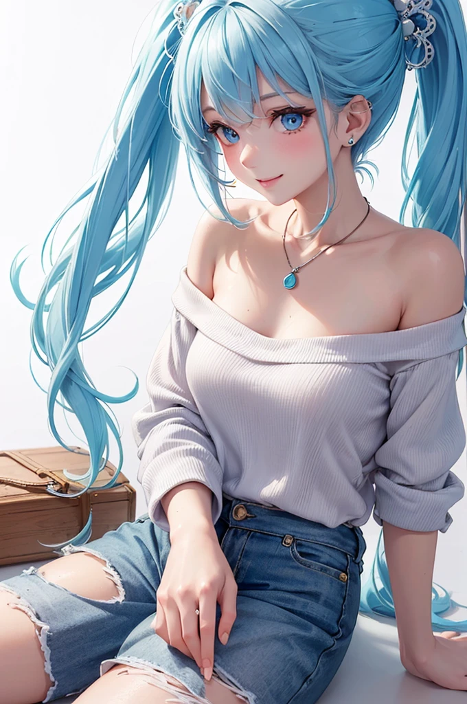 Best Quality,High resolution,8k,(plain white background, no patterns, no textures, just a plain white background:1.3),Masterpiece:1.2),beautiful girl,Shiny light blue hair,pony tail,Light blue eyes,Gentle look,A refreshing look,smile,Best quality,Best Quality,Aesthetic and aesthetic:1.2,Best details((Super detailed))(High-definition CG illustrations),Slender body,smile,blush,cute,Scrounge,Looking up,Being spoiled,off shoulder, paired with pre-ripped jeans, colorful cotton fabric with a subtle pattern, casual sneakers with a pop of color, Accessories include a playful pendant necklace and colorful stud earrings, super model