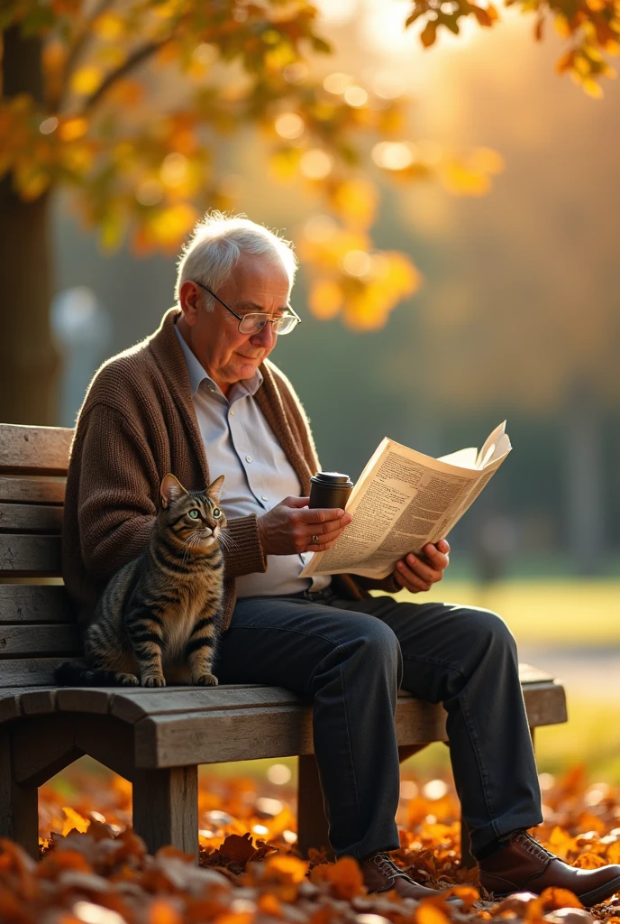 Cat sitting on a park bench reading a newspaper next to a man with a cell phone in his hand