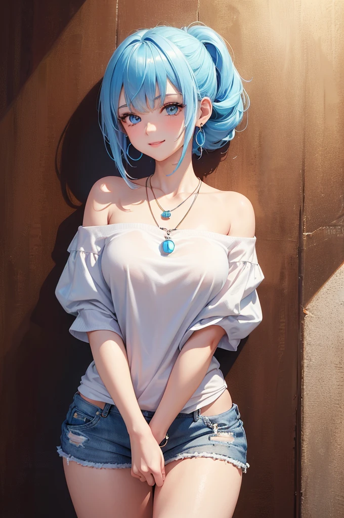 Best Quality,High resolution,8k,(plain white background, no patterns, no textures, just a plain white background:1.3),Masterpiece:1.2),beautiful girl,Shiny light blue hair,pony tail,Light blue eyes,Gentle look,A refreshing look,smile,Best quality,Best Quality,Aesthetic and aesthetic:1.2,Best details((Super detailed))(High-definition CG illustrations),Slender body,smile,blush,cute,Scrounge,Looking up,Being spoiled,off shoulder, paired with pre-ripped jeans, colorful cotton fabric with a subtle pattern, casual sneakers with a pop of color, Accessories include a playful pendant necklace and colorful stud earrings, super model