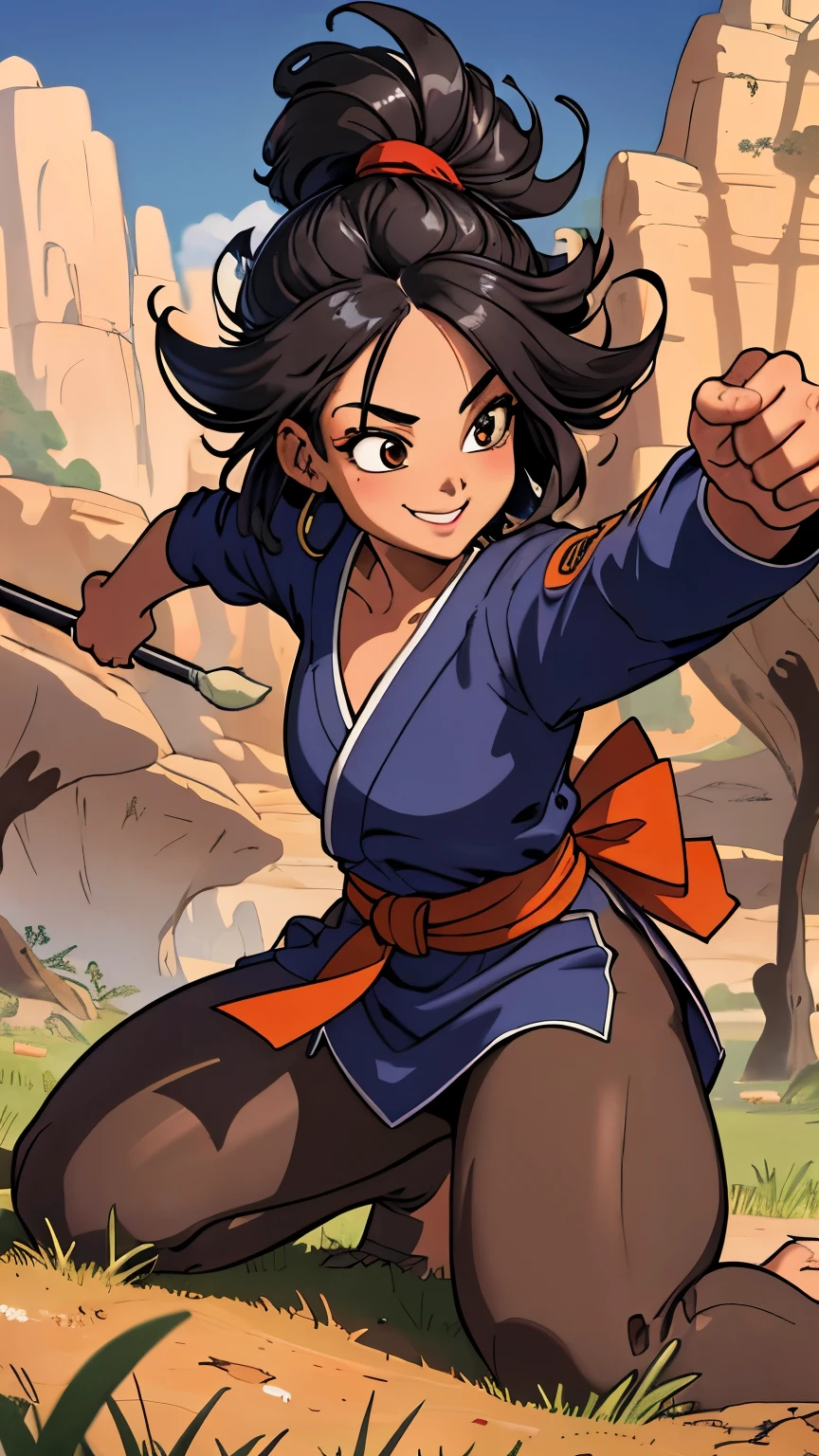 (extremely detailed CG unity 4k wallpaper),(masterpiece),(best quality),(ultra-detailed),(best illustration),(best shadow),(absurdres),(Detailed background), Slim woman, long spiky black hair, Smile, Grassy field background, Monkey tail, Martial arts GI, 