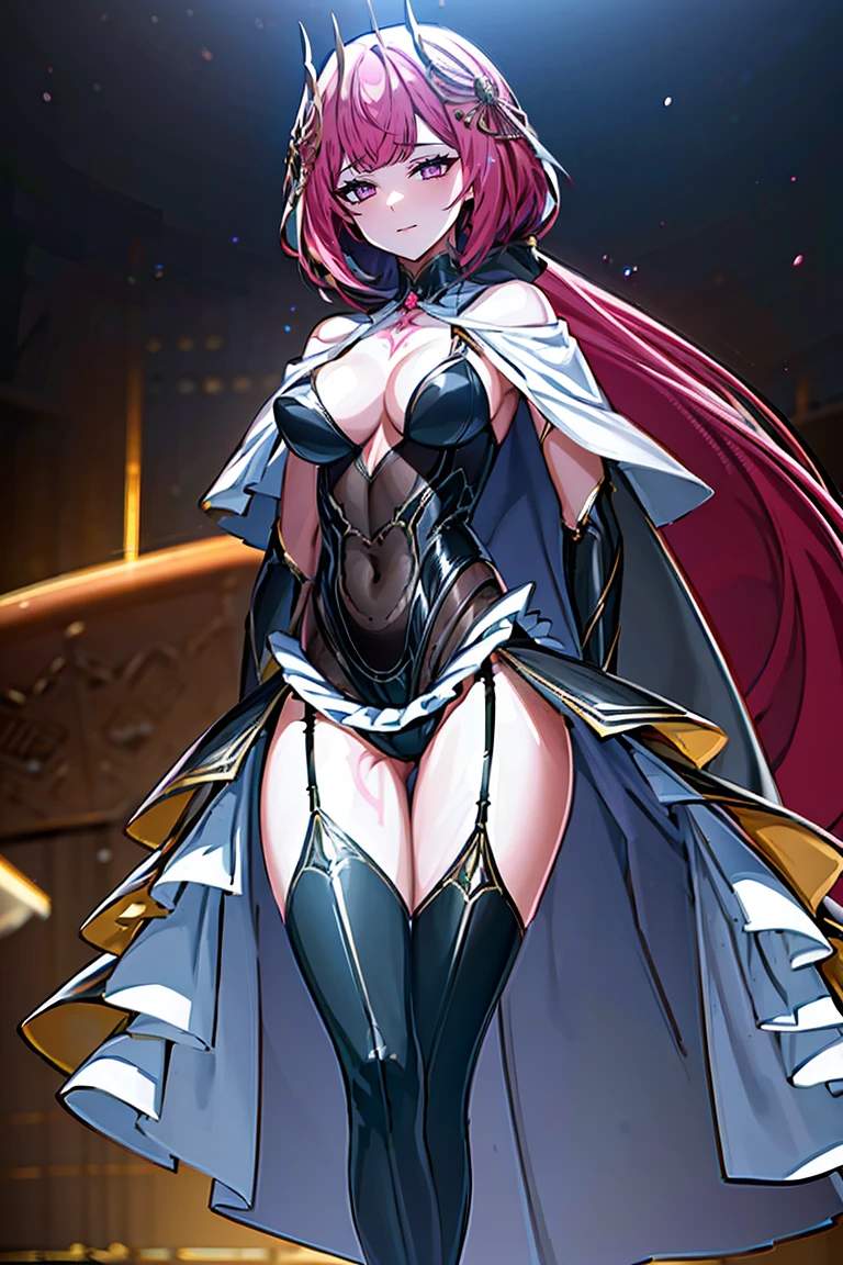 Smooth and Flawless Skin, Expressive and Captivating Eyes, Well-Defined Facial Features, Radiant and Healthy Glow, Perfectly Proportioned Face, Graceful and Symmetrical Features, Fine Details and Realistic Texture, cute face, absurdres, vivid color, beautiful portrait of cute anime girls, anime best girl, anime screencap, anime style, finely detailed, insanely detailed, exquisite, fantastic, amazing quality, top quality, professional quality, high quality, finely quality, official art, production art, super detailed skin, clear eyes, light eyes, light image, gleaming skin, oil skin, shiny skin, accurate face parts, cinematic, extremely detailed beautiful face and eyes, fair skin, 16k, 32k, 16k portrait, 32k portrait, masterpiece, Highest quality, ultra Detailed beautiful face and eyes, Detailed eyes, High resolution, beautiful, super fine illustration, extremely detailed unity cg 8k wallpaper, fearless face, perfect eyes, deep detailed eyes, perfect face, low ponytail, pink hair, hair ornament, pink eyes, leotard, zipper, white showgirl skirt, bare shoulder, thighighs, thigh high boots, bare thighs, cleavage, cleavage cutout, adult face, elbow gloves, jewelry, garter belt, garter straps, (((chest tattoo))), hair between eyes, evil grin, perfect hands, perfect fingers, five finger, four finger and one thumb, skin tight, straight bangs, beautiful hair, (((very long skirt))), sexy, (((cape))), cowboy shot,