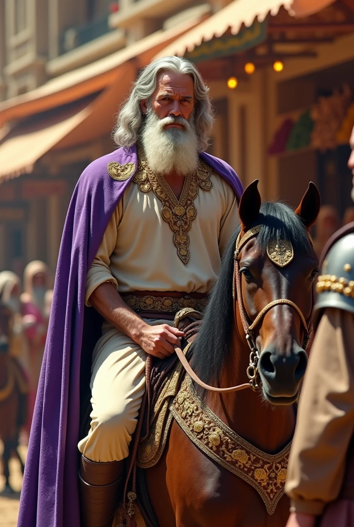 Hebrew man with a well-groomed white beard and a beige tunic with a purple cape with golden details. Make him riding a horse and another man standing in the costume of a Persian general in front of the horse pulling the horse&#39;s reins with an angry expression. Add the Persian market with spices in the background.