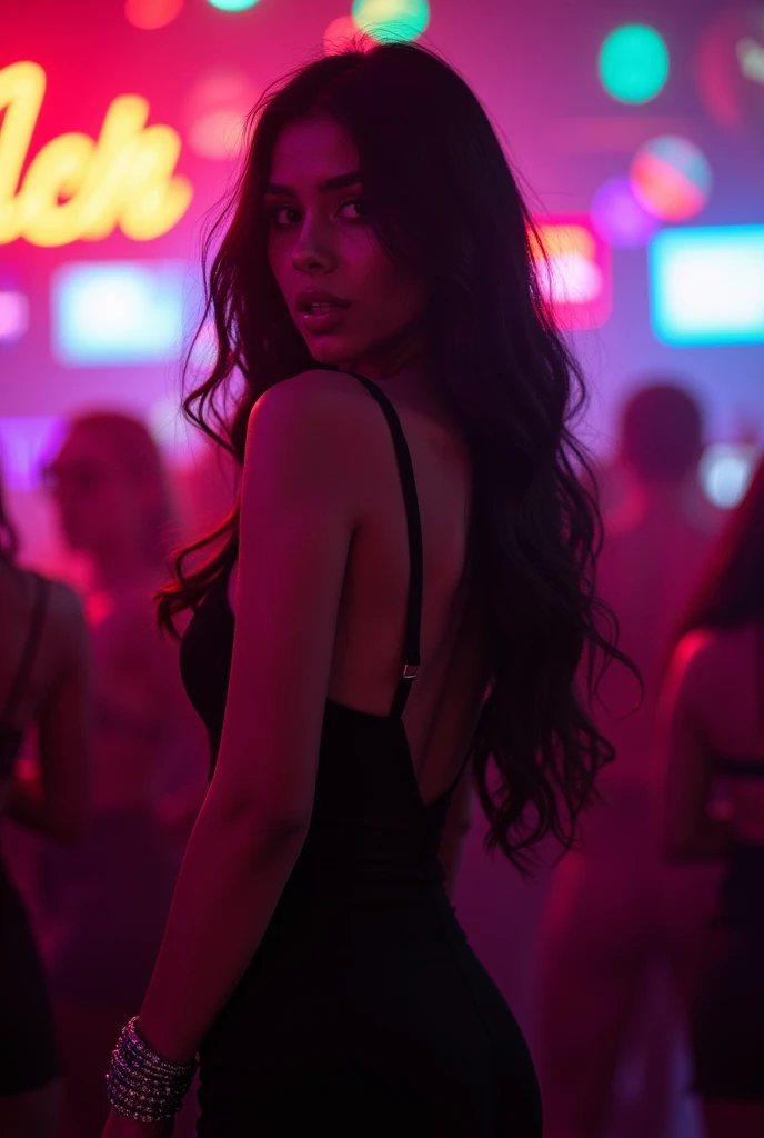A Brazilian woman in a glittering nightclub, wearing a tight, low-cut dress, with a close-up of the seductive lines of her breasts and the neon lights reflecting off her body, highlighting its charm and the vibe of the night.