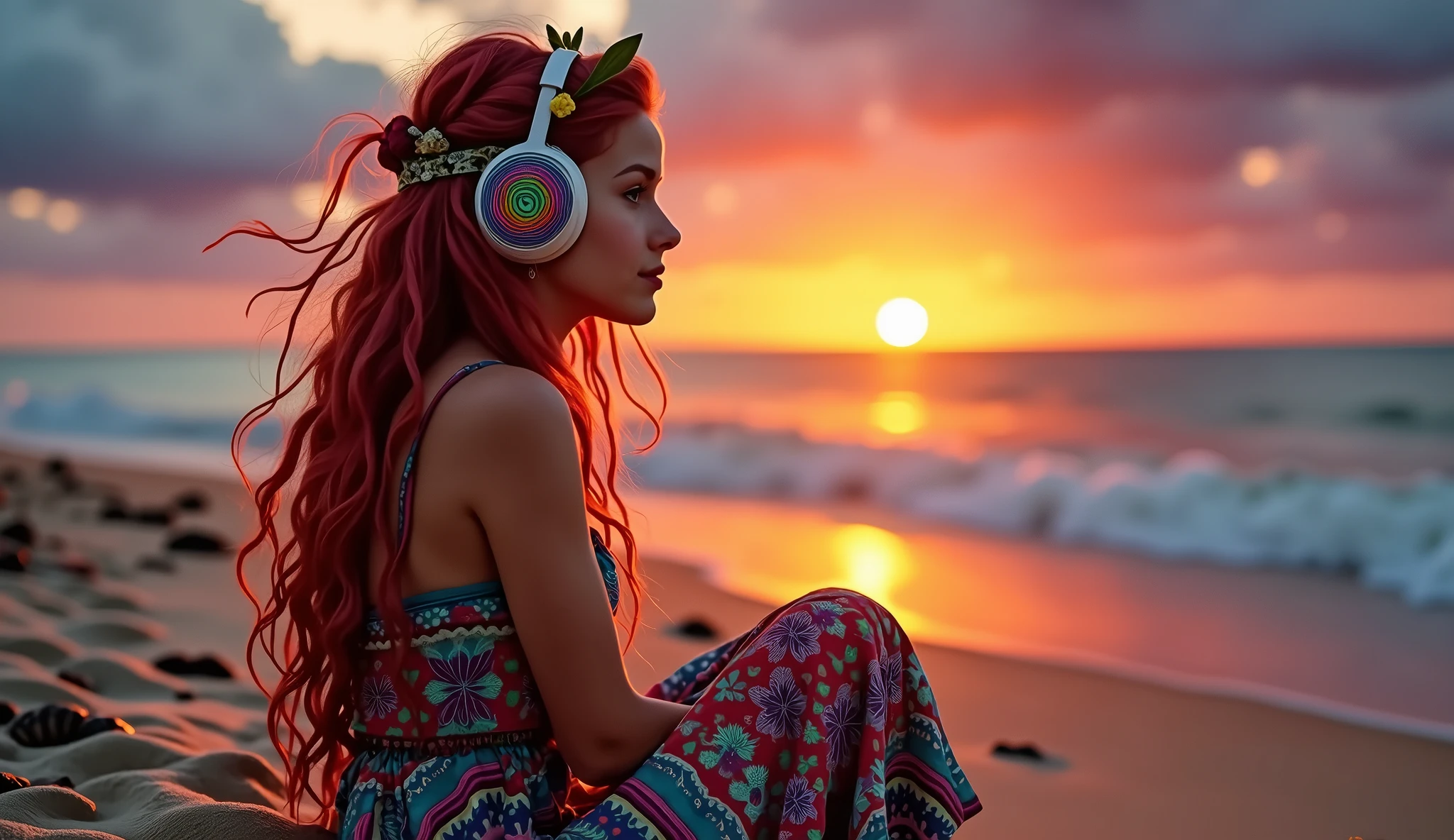 hippie girl, redheadwear, reflective, sitting on the beach, at dusk, looking at the sunset, with rainbow headphones