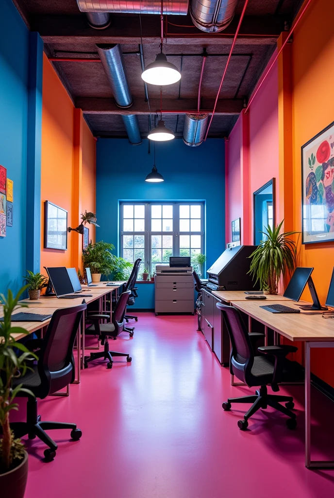 Interior design, Area 18mt depth 6 width 5mt without windows, advertising agency, colors blue orange fuchsia, behind workshop tools cutting table and many printers photo studio